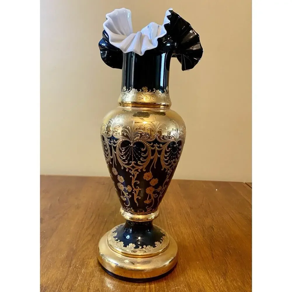 Bohemian Crystal Glass Vase Decorated Gold Flower Czech Republic